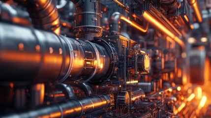 Poster - Close-up of Industrial Machinery with Orange Glow