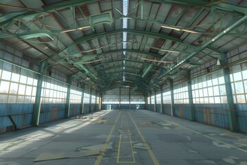 Wall Mural - Abandoned Industrial Building Interior with Green Steel Frame and Windows