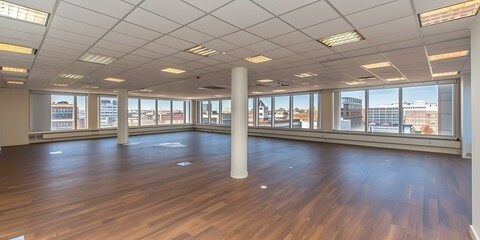 Sticker - Empty Office Space with Large Windows and Hardwood Floor