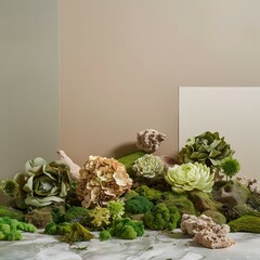 Green and Beige Floral Arrangement with Moss and Rocks