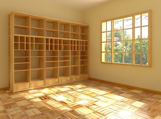 Poster - Empty Room with Wooden Bookshelf and Window