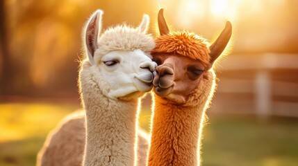 Two alpaca are standing next to each other, one of which is brown and the other is white