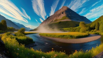 A serene landscape showcasing a river winding through lush greenery and majestic mountains.