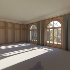 Sticker - Empty Room With Large Windows and Wooden Paneling