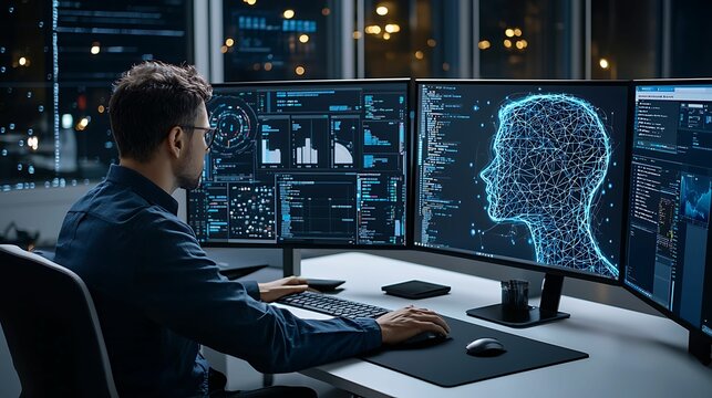 A high-tech workspace where AI technology is being utilized for both image generation and sophisticated graphics editing, showing a creative professional at work, copy space for text,