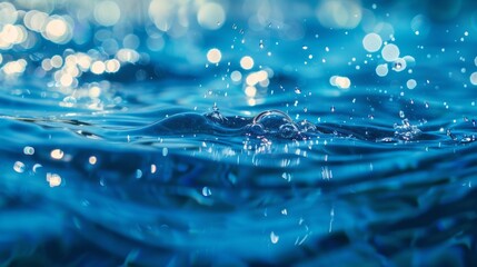 Poster - Water droplets burst upwards as the surface glistens with reflections of light, creating a mesmerizing tapestry of blues, inviting a sense of peace and calm