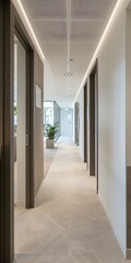 Canvas Print - Modern Office Hallway With Light Fixtures and Wood Accents