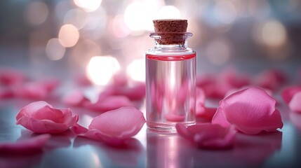 Rose flower extract in a glass vial, with fresh pink rose petals scattered around.