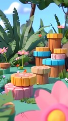 Sticker - 3D Cartoon Garden with Wooden Blocks