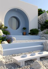 Canvas Print - Modern Minimalist House With Blue Arch And Stone Garden