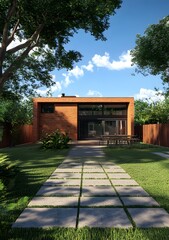 Wall Mural - Modern Brick House with Patio and Greenery