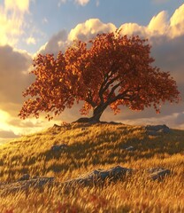 Wall Mural - Lonely Tree on a Hilltop at Sunset