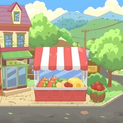 Wall Mural - Fruit Stand in a Cartoon Village Setting