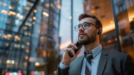 Phone Negotiation: Investment banker stands by a glass window with a cityscape, speaking assertively into his phone about critical deals with a client.
