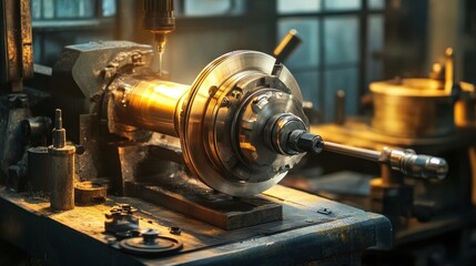 Poster - Close-up of a Metalworking Machine with a Sharp Drill Bit and a Shiny Metal Object