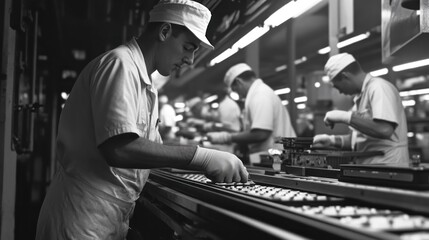 Poster - A Factory Worker in a White Uniform Operates a Conveyor Belt