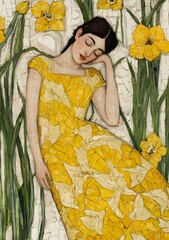 Wall Mural - Woman in Yellow Dress Sleeping in Field of Daffodils