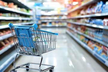 Wall Mural - Shopping Cart in Supermarket Aisle with Blurred Background