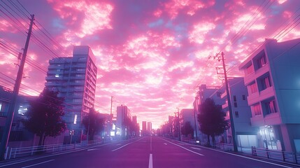 Canvas Print - Cityscape at Sunset with Pink Clouds.