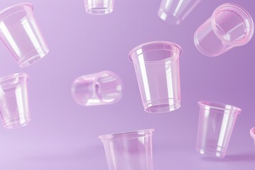 Floating plastic cups create a striking visual against a vibrant purple backdrop, highlighting the urgent issue of plastic pollution and its impact on the environment.