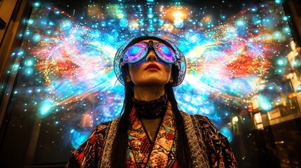 Poster - Woman in Goggles Looking Up at a Colorful Light Display.