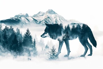 Wild wolf graphic design illustration with mountain forest landscape double exposure overlay on white background