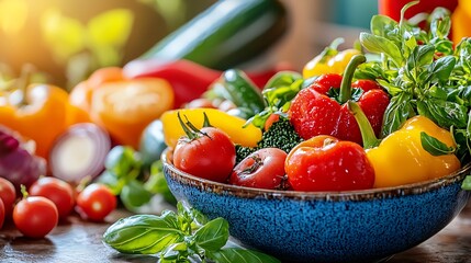 Wall Mural - Fresh tomatoes, bell peppers, and basil in a blue bowl, showcasing the vibrant colors and flavors of healthy, nutritious ingredients.