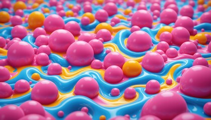 Poster - A 3D rendering depicting a collection of pink, yellow, and blue spheres floating in a liquid with a wavy, abstract pattern
