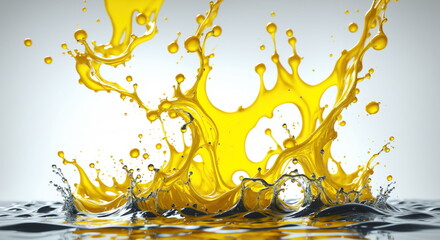 Poster - Yellow liquid oil splashes into water, creating intricate patterns and droplets. White background, highlighting the vibrant yellow color of the liquid