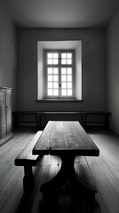 Canvas Print - Old Wooden Table and Bench in a Room with a Window