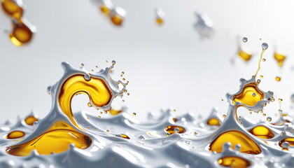 Poster - Golden liquid splashing and rippling on a reflective surface, creating a beautiful and dynamic pattern