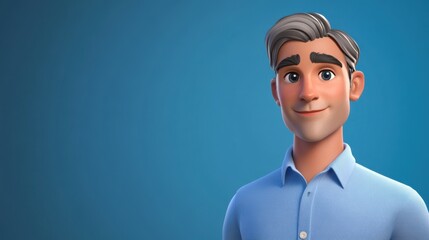 3D character close up portrait of a European male tech executive in a stylish button-up shirt, with a steel blue gradient background, copy space, cartoon style, in the style of 3D design