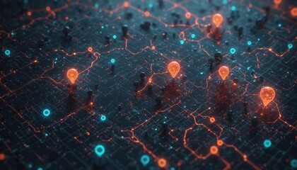 Poster - Network of interconnected nodes, illuminated with orange and blue lights, against a dark background