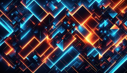 Poster - Digital abstract artwork featuring an intricate pattern of geometric shapes, including triangles and squares, with vibrant color scheme of blue, orange, and red neon hues