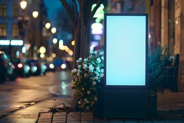 Canvas Print - Blank Billboard Sign With Flowers In City At Night