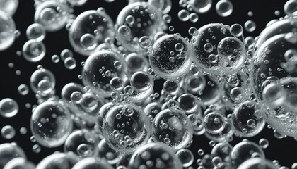 Poster - Small round air bubbles in transparent liquid soda against dark backdrop. Bubbles vary in size and seem to float freely