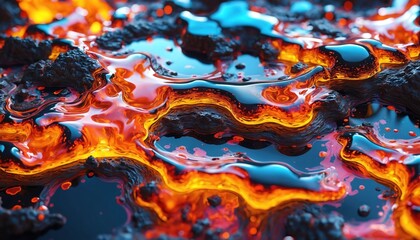 Poster - An abstract image showcasing a close-up of liquid fire flowing across a surface with water-like qualities, creating an intricate, colorful pattern