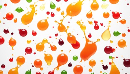 Poster - A close-up view of numerous droplets of colorful liquid splashing and falling onto a white background