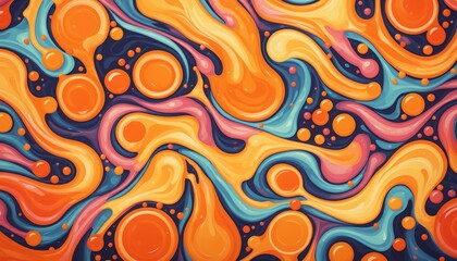 Poster - A vibrant abstract pattern of swirling orange, pink, and blue liquid shapes with scattered circles and dots on a dark blue background