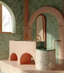 Wall Mural - Modern Bathroom Design With Green Tiles and Terrazzo Sinks