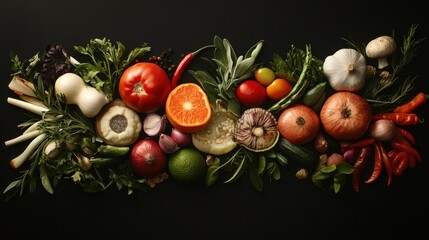 Wall Mural - Assorted Vegetables and Herbs on a Black Background