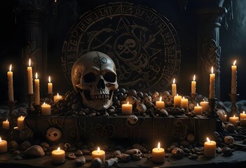 A skull is on a table with candles and other objects