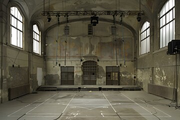 Canvas Print - Abandoned Industrial Building with Windows and Stage