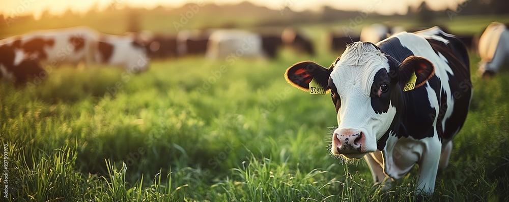 Herd of dairy cows grazing peacefully in a lush green pasture ...