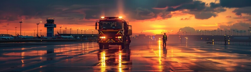 Wall Mural - Emergency evacuation drill at an airport with staff and safety vehicles, airport, crisis management