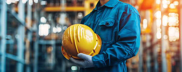 close-up image of a construction worker dressed in safety gear, holding a yellow hard hat securely