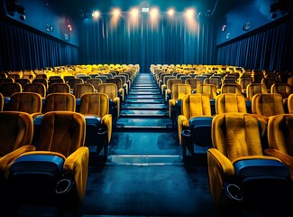 Canvas Print - Empty Movie Theater Seats with Blue Curtains