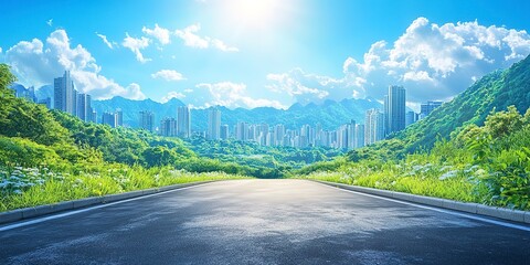 Wall Mural - Asphalt road and city skyline with green mountain landscape on a sunny day panoramic view