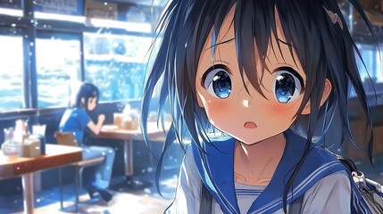 Canvas Print - Anime Girl with Blue Eyes in a Cafe.