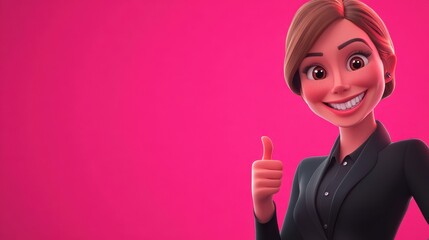 3D character close up portrait of a joyful white woman in a black jacket, giving a thumbs-up with a wide grin, on a deep pink gradient backdrop, copy space, cartoon style, in the style of 3D design